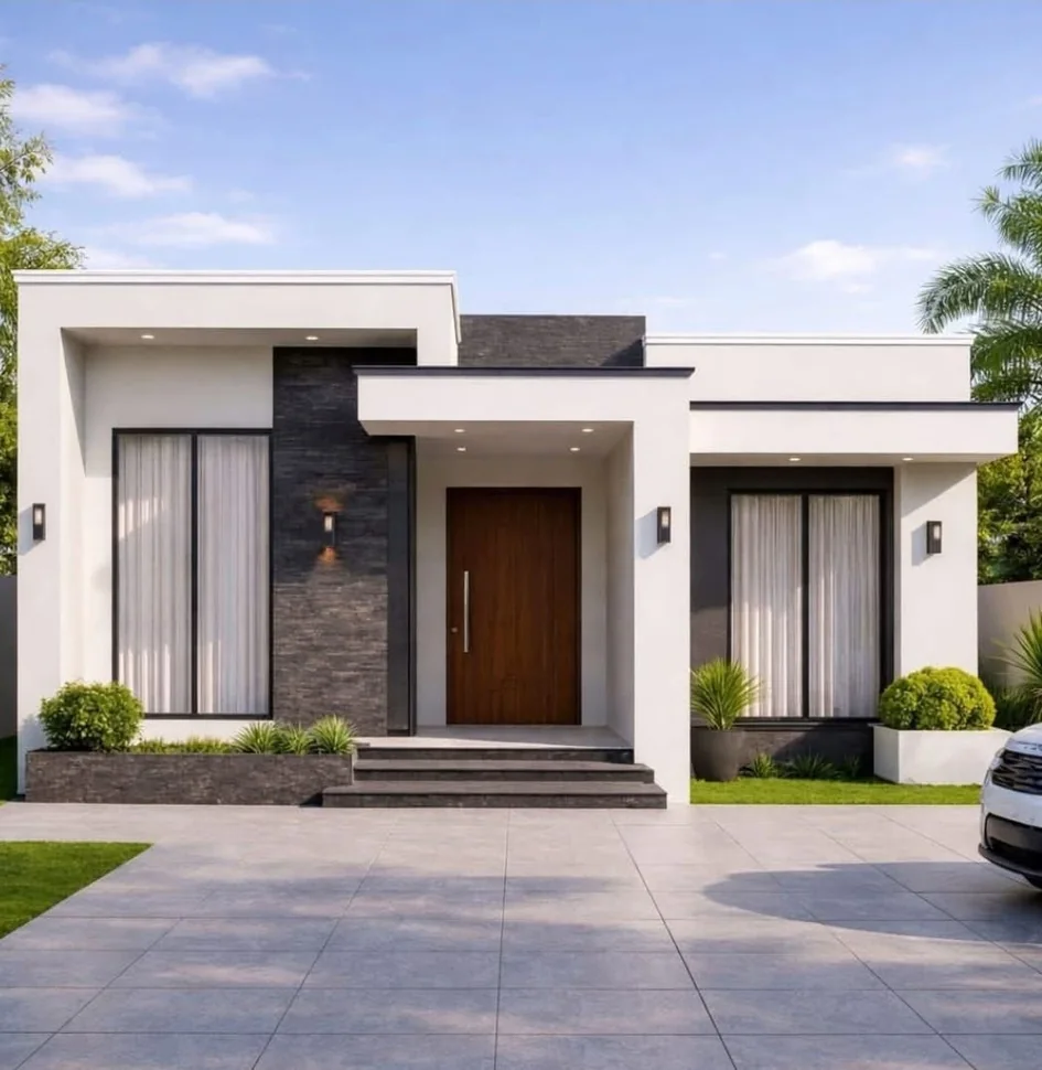 Fachada del modelo Débora: casa contemporánea blanca con detalles de piedra