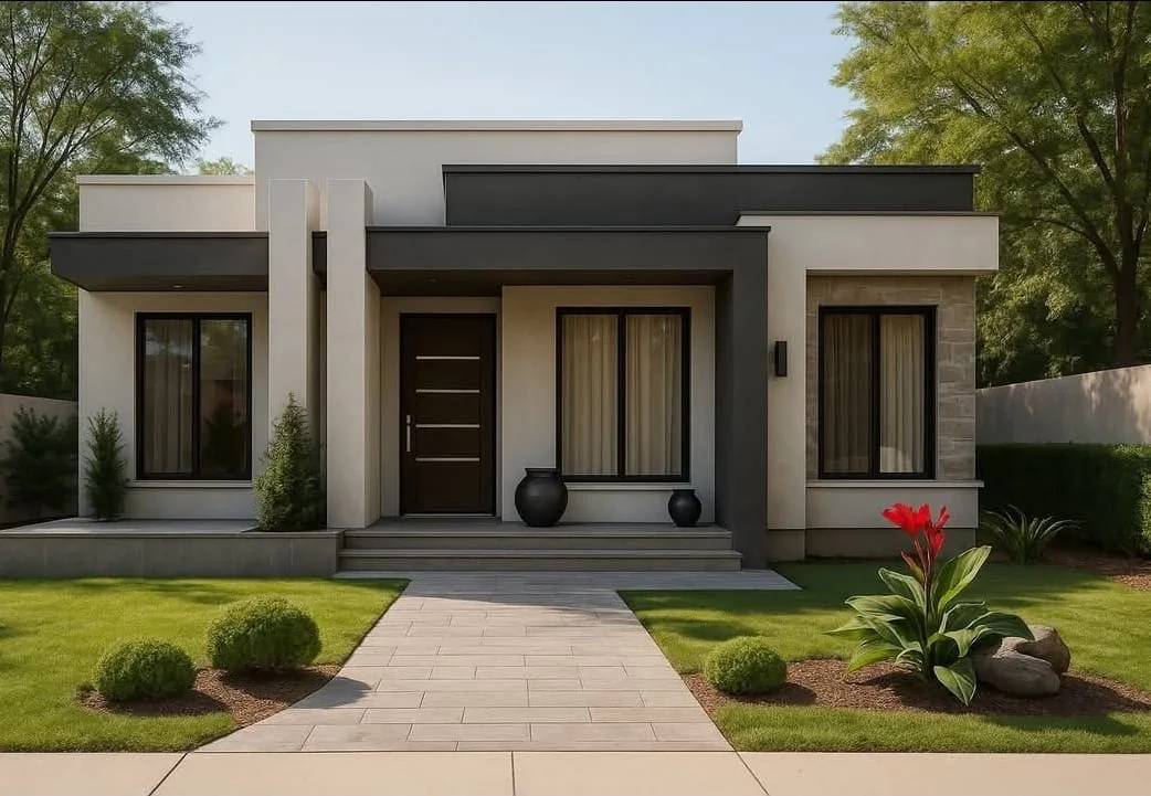 Fachada del modelo Hanna: casa minimalista de una planta con jardín frontal