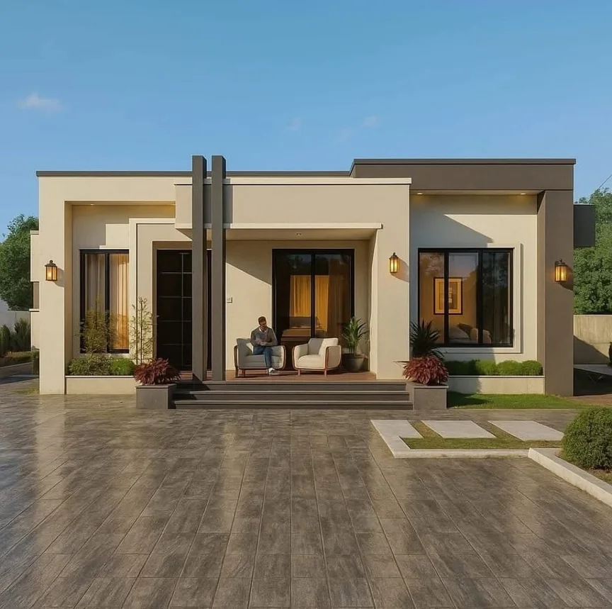 Fachada del modelo Sara: casa minimalista con volúmenes geométricos e iluminación exterior