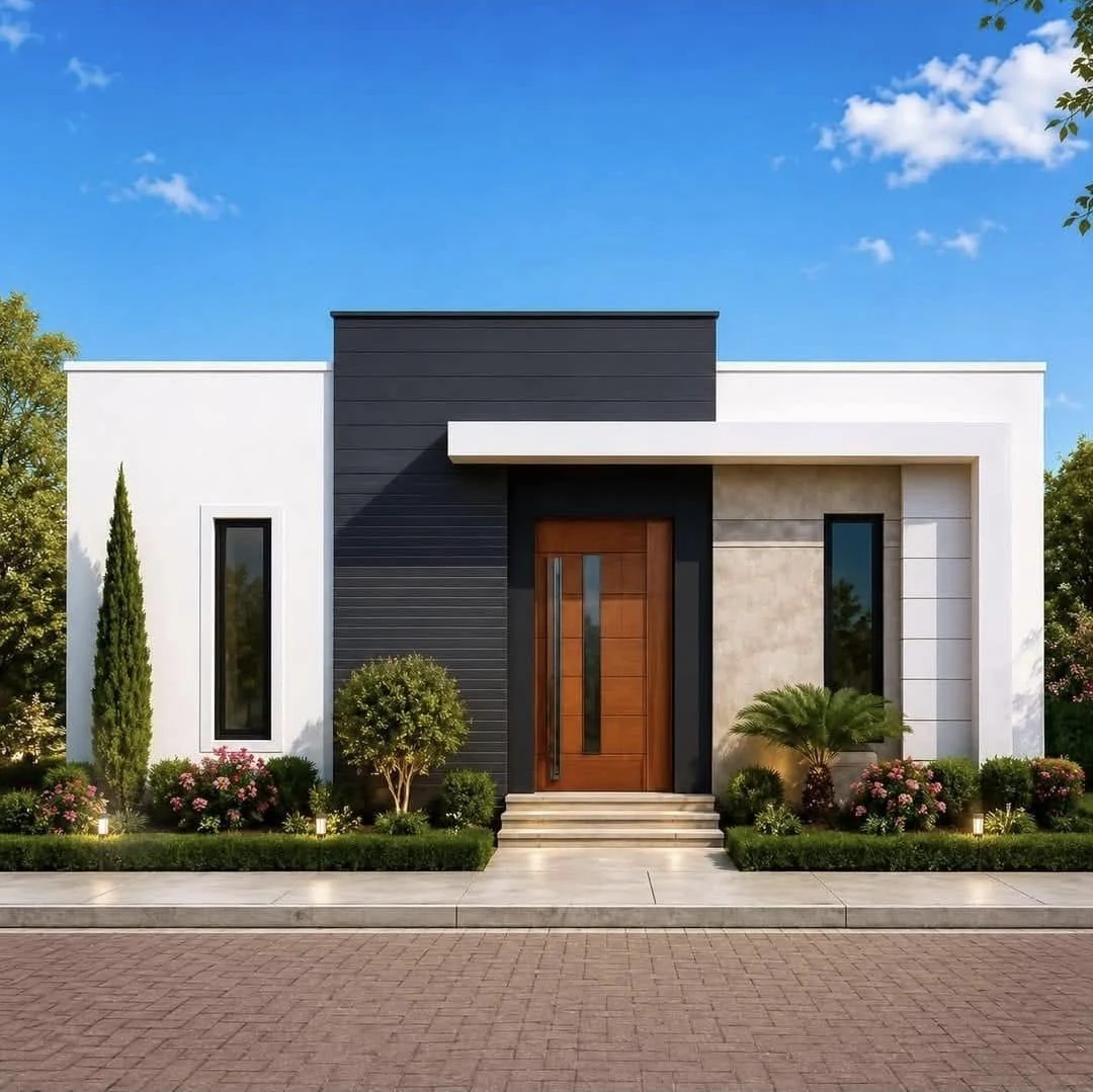 Vivienda moderna de fachada blanca con volumen negro, puerta principal de madera y jardines frontales