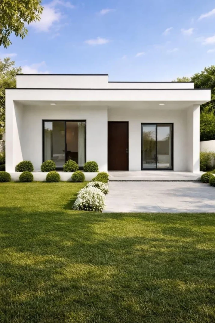 Modelo Débora: fachada blanca con ventanales y jardín amplio