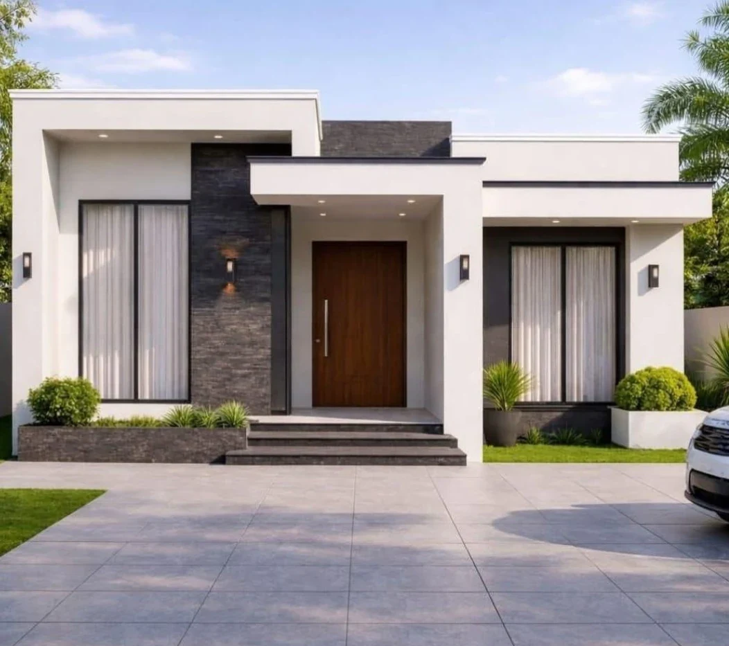Modelo Débora: fachada blanca con piedra oscura y puerta de madera