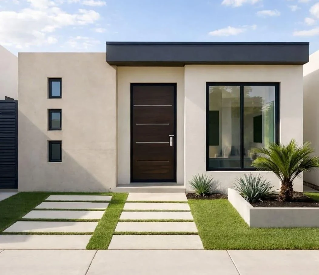 Modelo Hanna: fachada con ventanas pequeñas y puerta de madera oscura