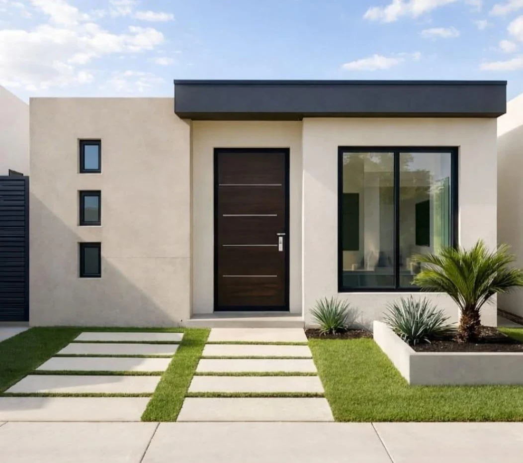 Modelo Hanna: vista frontal con jardín de losas y palmera