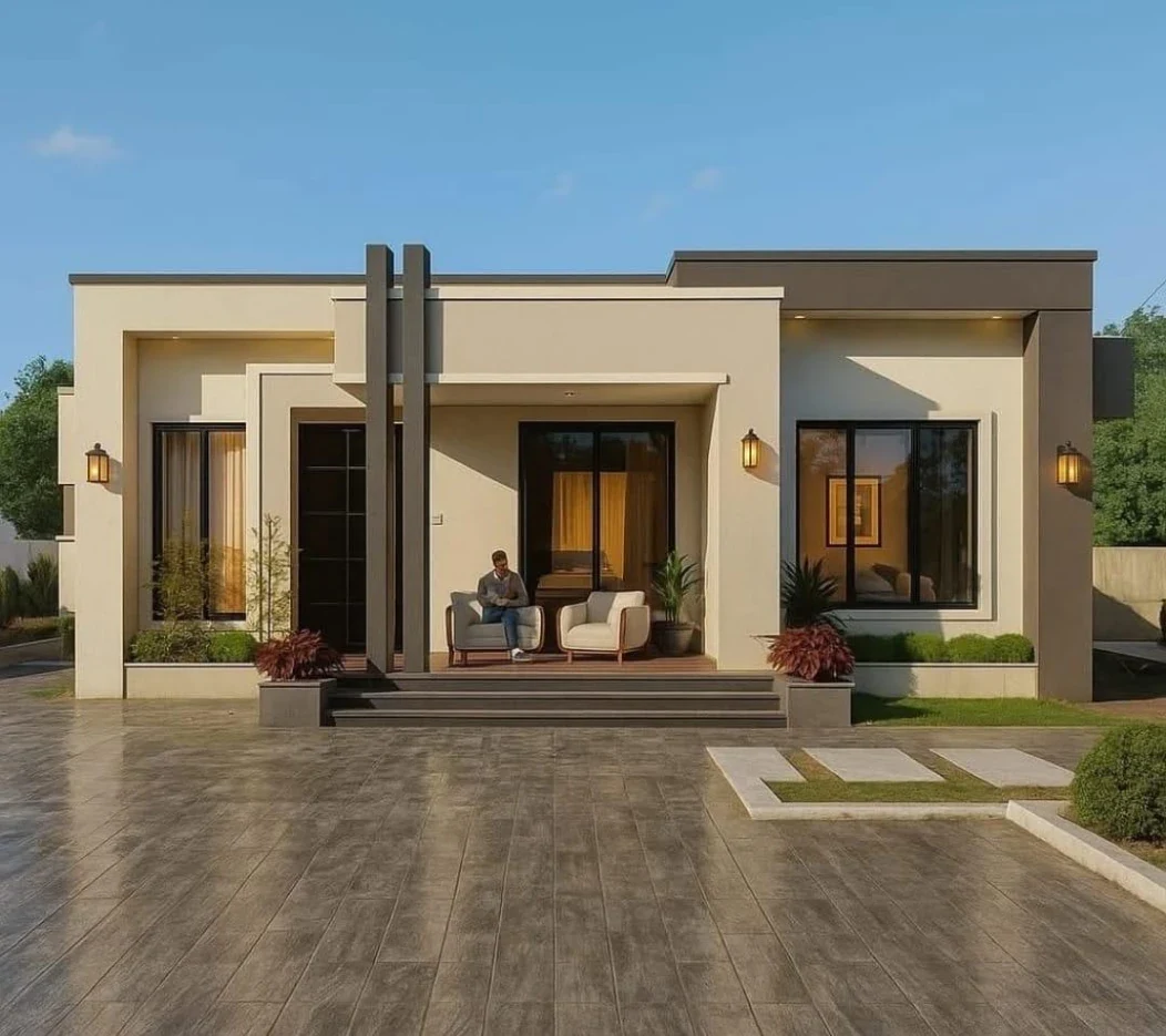 Modelo Sara: fachada beige con columnas verticales y terraza frontal
